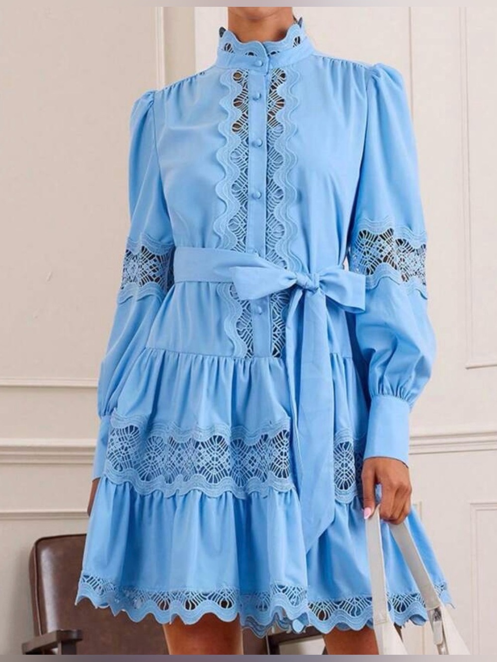 Light Blue Lace Tiered Long-Sleeve Dress with Tie Waist